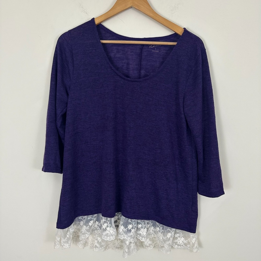 Arizona Purple Lace Trim Layered Hem 3/4 Sleeve Tunic Top Cottagecore Boho L